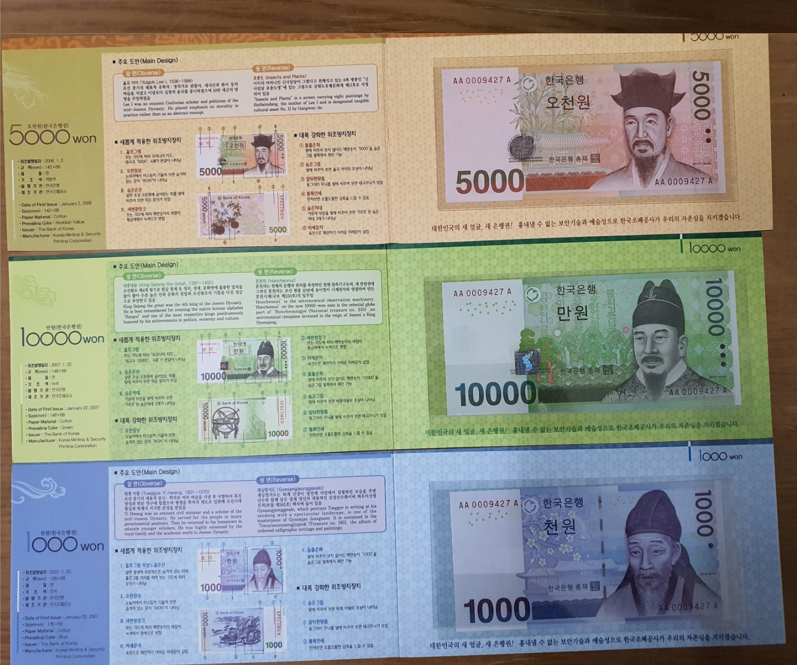 1만원,5천원,1천원권 경매첩 AA0009427A 3쌍둥이 1만원권,5천원권,1천원권 AA0009427A 3쌍둥이